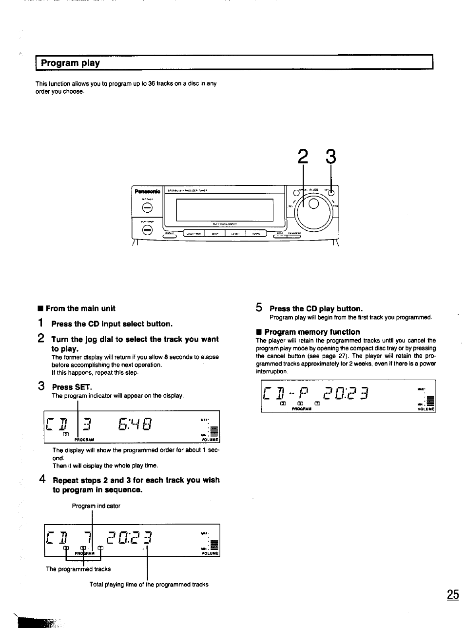 From the main unit, 1 press the cd input select button, 3 press set | 5 press the cd play button, Program memory function | Panasonic SC-CH11 User Manual | Page 24 / 51