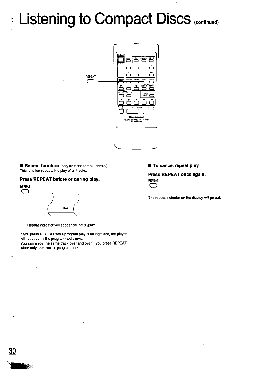 To cancel repeat play press repeat once again, Listening to compact discs | Panasonic SC-CH11 User Manual | Page 29 / 51