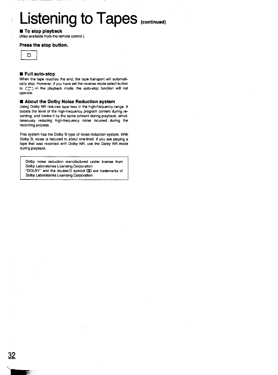 To stop playback, Press the stop button, Full auto-stop | About the dolby noise reduction system, Listening to tapes | Panasonic SC-CH11 User Manual | Page 31 / 51