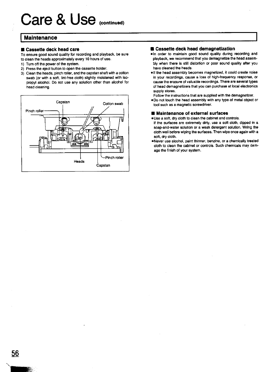 Maintenance, Cassette deck head care, Cassette deck head demagnetization | Maintenance of external surfaces, Care & use | Panasonic SC-CH11 User Manual | Page 47 / 51