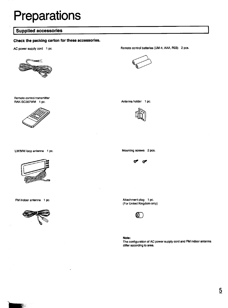 Preparations, Supplied accessories | Panasonic SC-CH11 User Manual | Page 5 / 51