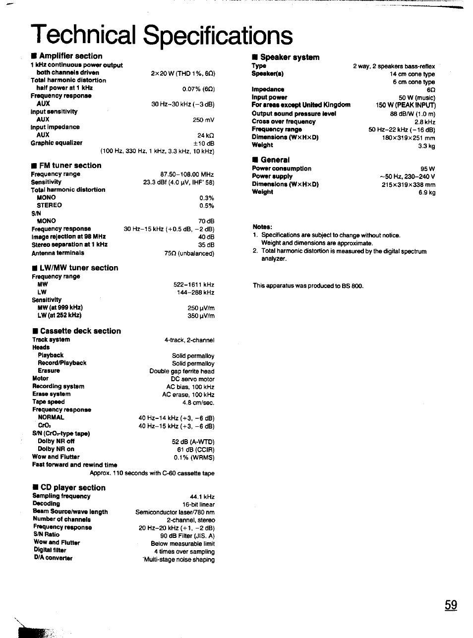 Technical specifications, Lw/mw tuner section, Cassette deck section | M cd player section, Speaker system, General | Panasonic SC-CH11 User Manual | Page 50 / 51
