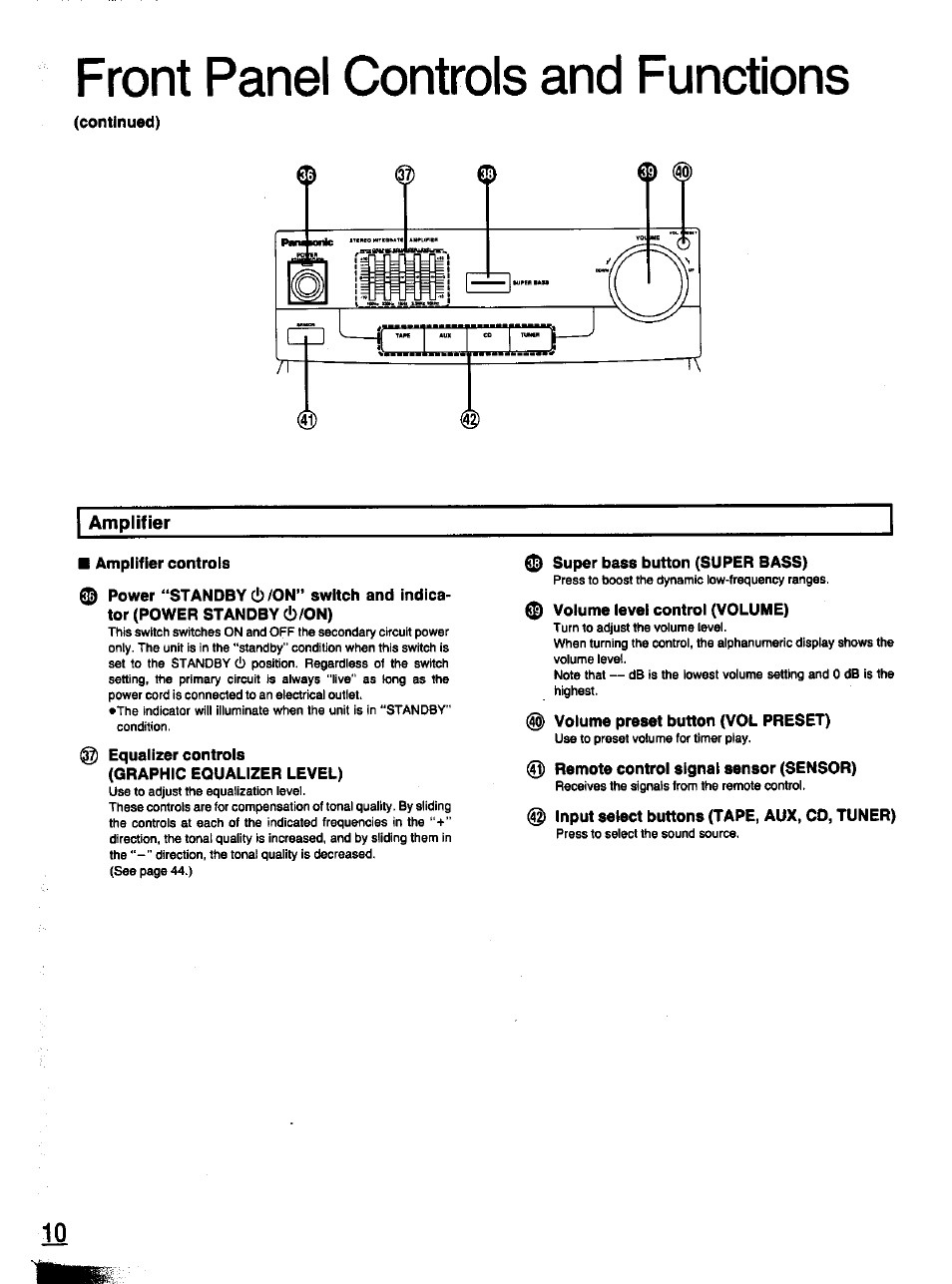 Continued), Amplifier, Amplifier controls | Equalizer controls, Graphic equalizer level), 0 super bass button (super bass), 0 volume level control (volume), Volume preset button (vol preset), Remote control signal sensor (sensor), Input select buttons (tape, aux, cd, tuner) | Panasonic SC-CH11 User Manual | Page 9 / 51