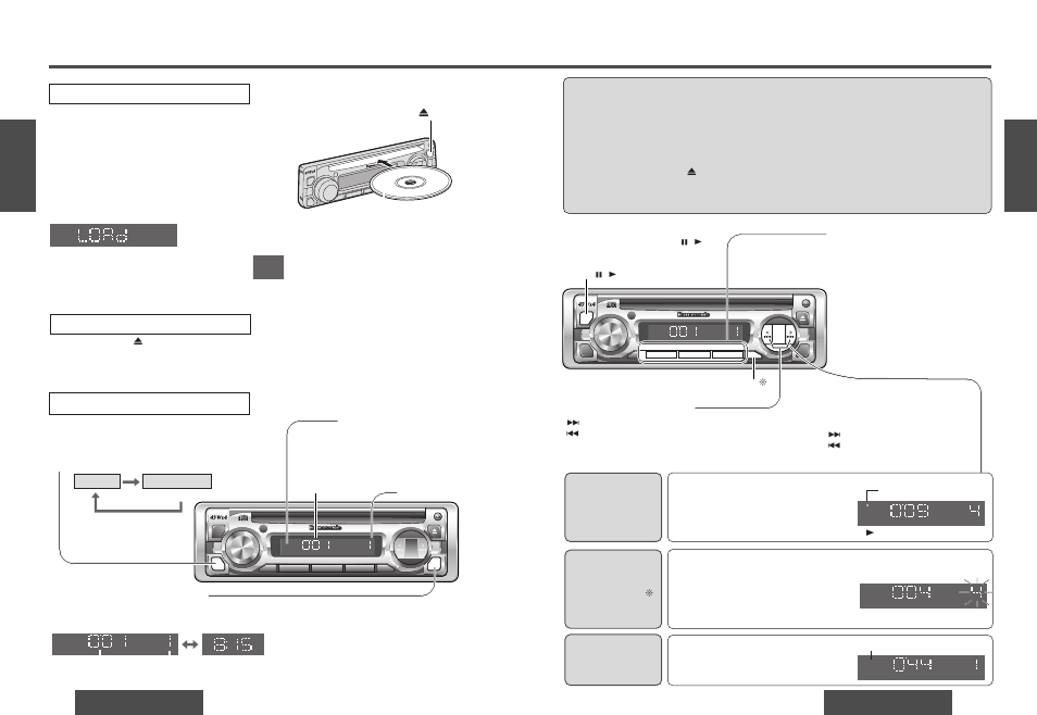 Lecteur de cd, Changement d’affichage, Mode de lecteur de cd | Écoute d’un disque cd, Sélection de plages, Lecture aléatoire sélection directe de plages, Lecture par exploration, Relecture, Pause, Recherche de plage | Panasonic DPX153U User Manual | Page 18 / 37
