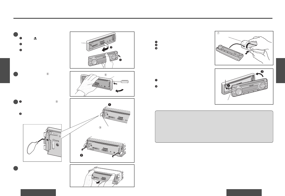 Sistema antirrobo, Guía de instalación, Para extraer el aparato | Instale la placa frontal extraíble, Coloque la placa frontal extraíble en la caja | Panasonic DPX153U User Manual | Page 34 / 37