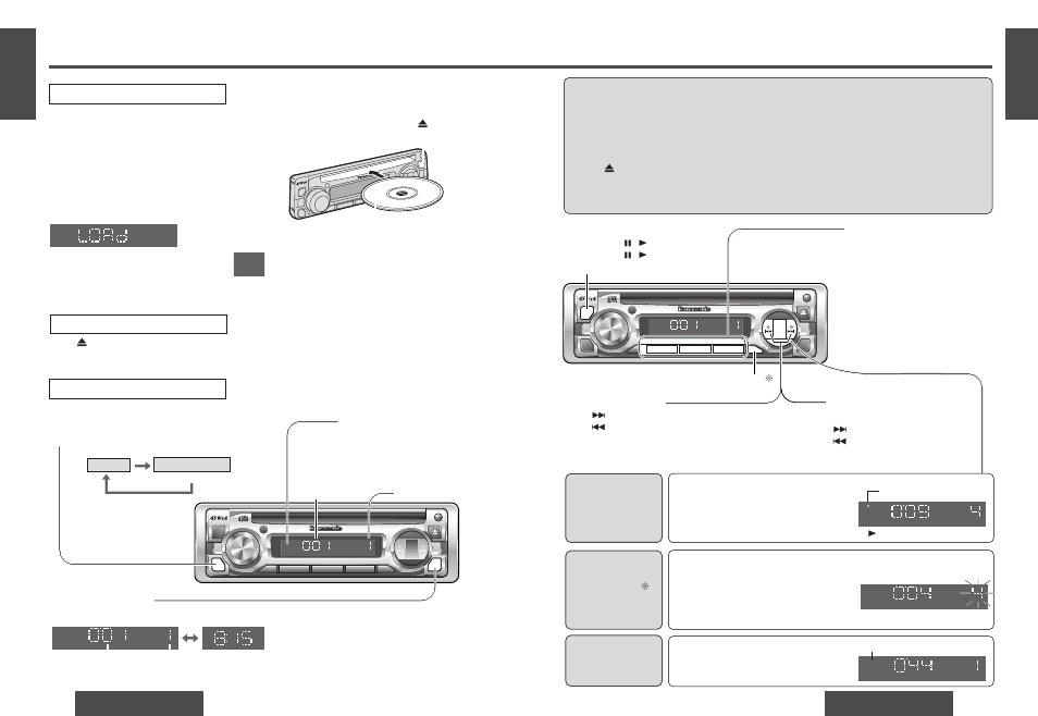 Cd player, Track selection, Random play direct track selection | Scan play, Repeat play, Display change, Cd player mode, Listening to a cd, Pause, Track search | Panasonic DPX153U User Manual | Page 8 / 37