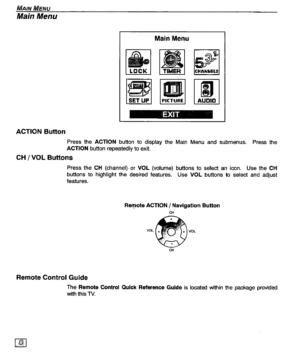 Main menu, Action button, Ch / vol buttons | Remote control guide, Exit | Panasonic CT-32D20U User Manual | Page 10 / 44