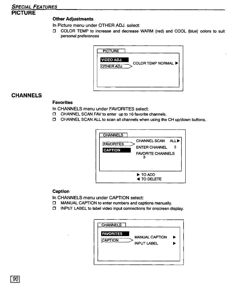 Picture, Channels, Picture channels | Panasonic CT-32D20U User Manual | Page 16 / 44