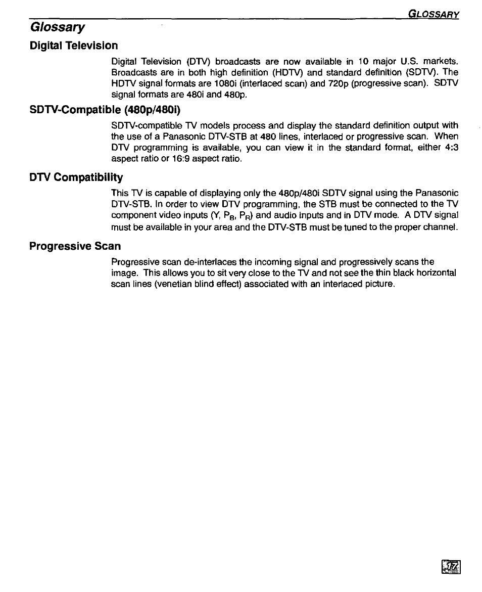 Digital television, Sdtv-compatibie (480p/480i), Dtv compatibility | Progressive scan, Glossary | Panasonic CT-32D20U User Manual | Page 19 / 44