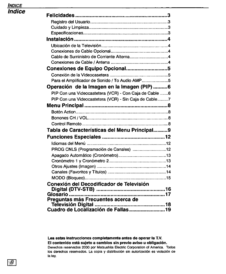Indice | Panasonic CT-32D20U User Manual | Page 26 / 44