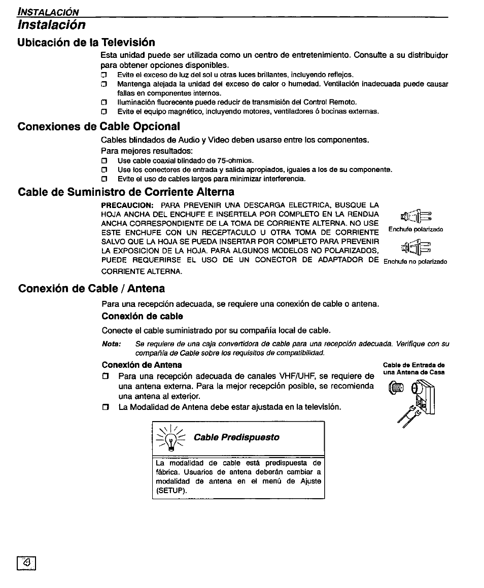 Ubicación de la televisión, Conexiones de cable opcional, Cable de suministro de corriente alterna | Conexión de cable / antena, Instalación | Panasonic CT-32D20U User Manual | Page 28 / 44
