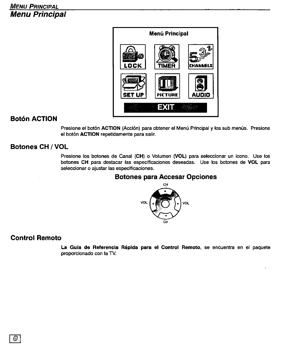 Botón action, Botones ch/vol, Botones para accesar opciones | Control remoto, Botón action bonones ch / vol, Menu principal | Panasonic CT-32D20U User Manual | Page 32 / 44