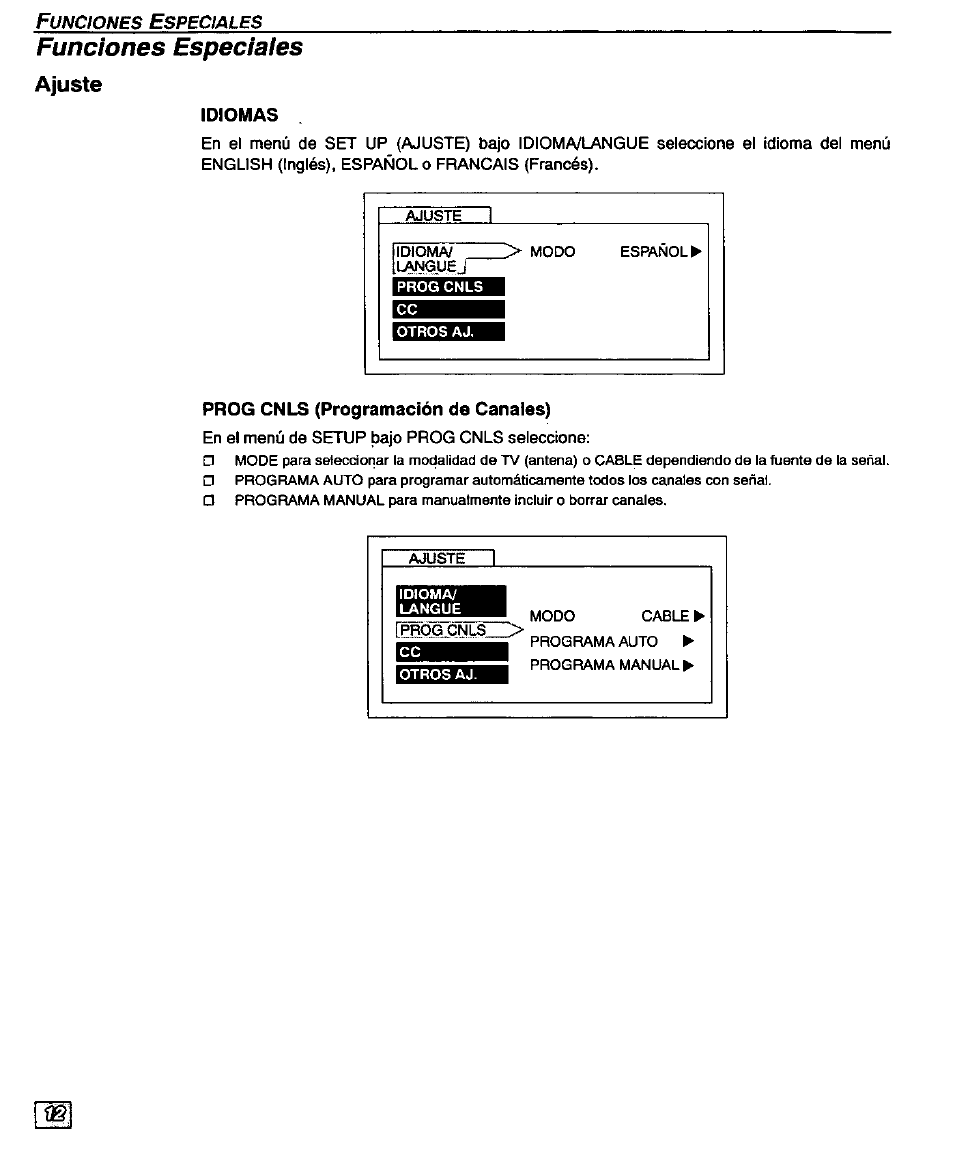 Ajuste, Funciones especiales | Panasonic CT-32D20U User Manual | Page 36 / 44