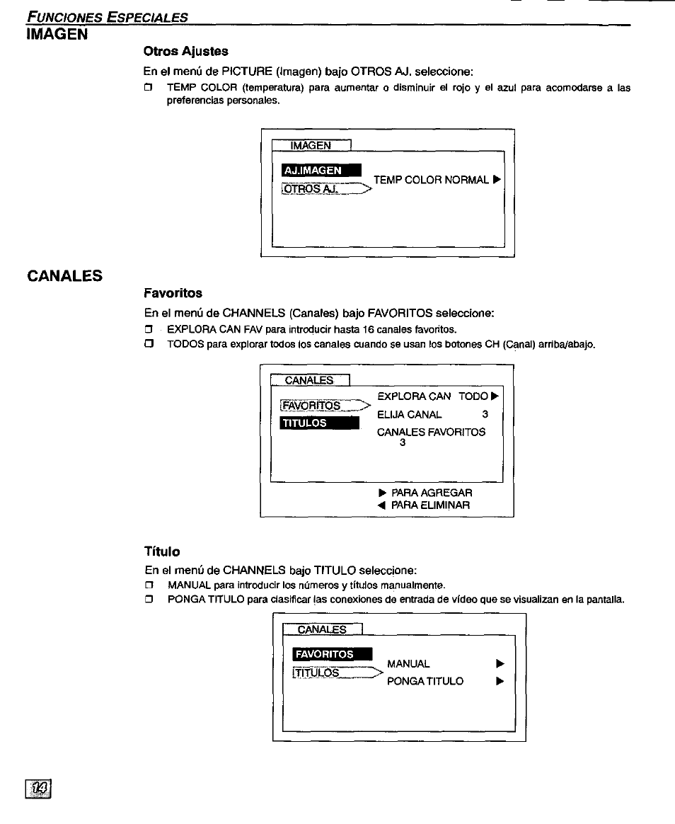 Imagen, Canales | Panasonic CT-32D20U User Manual | Page 38 / 44