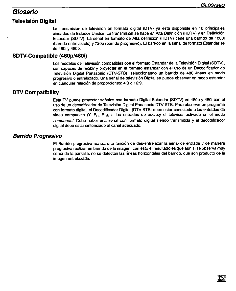 Televisión digital, Sdtv-compatible (480p/480i), Dtv compatibility | Glosario | Panasonic CT-32D20U User Manual | Page 41 / 44