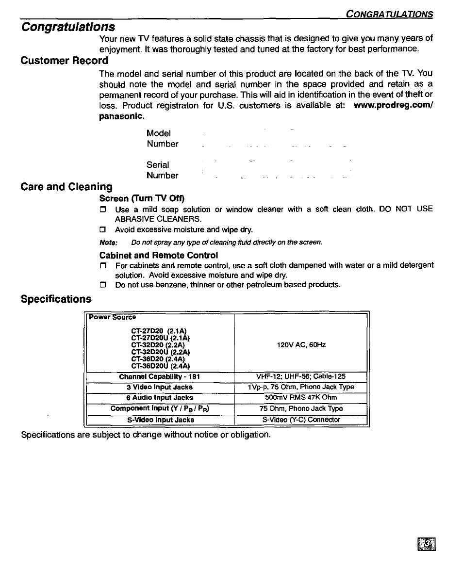 Care and cleaning, Specifications, Customer record | Panasonic CT-32D20U User Manual | Page 5 / 44