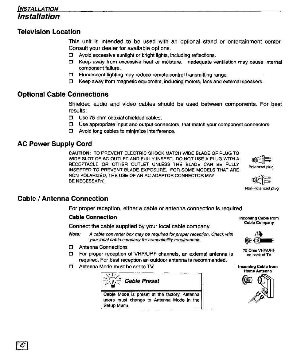 Television location, Optional cable connections, Ac power supply cord | Cable / antenna connection, Installation | Panasonic CT-32D20U User Manual | Page 6 / 44
