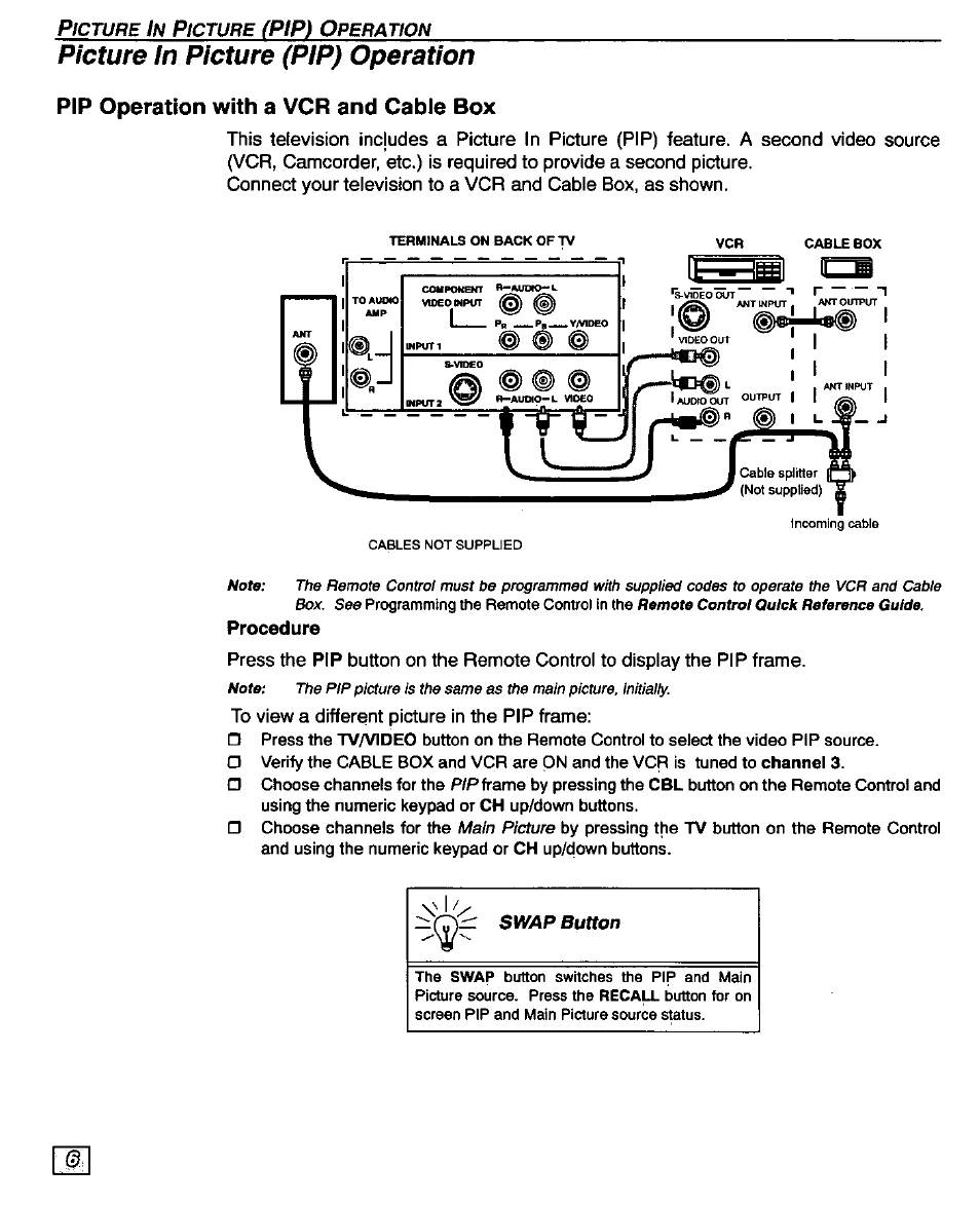 Pip operation with a vcr and cable box, Picture in picture (pip) operation, Pip) o | Panasonic CT-32D20U User Manual | Page 8 / 44