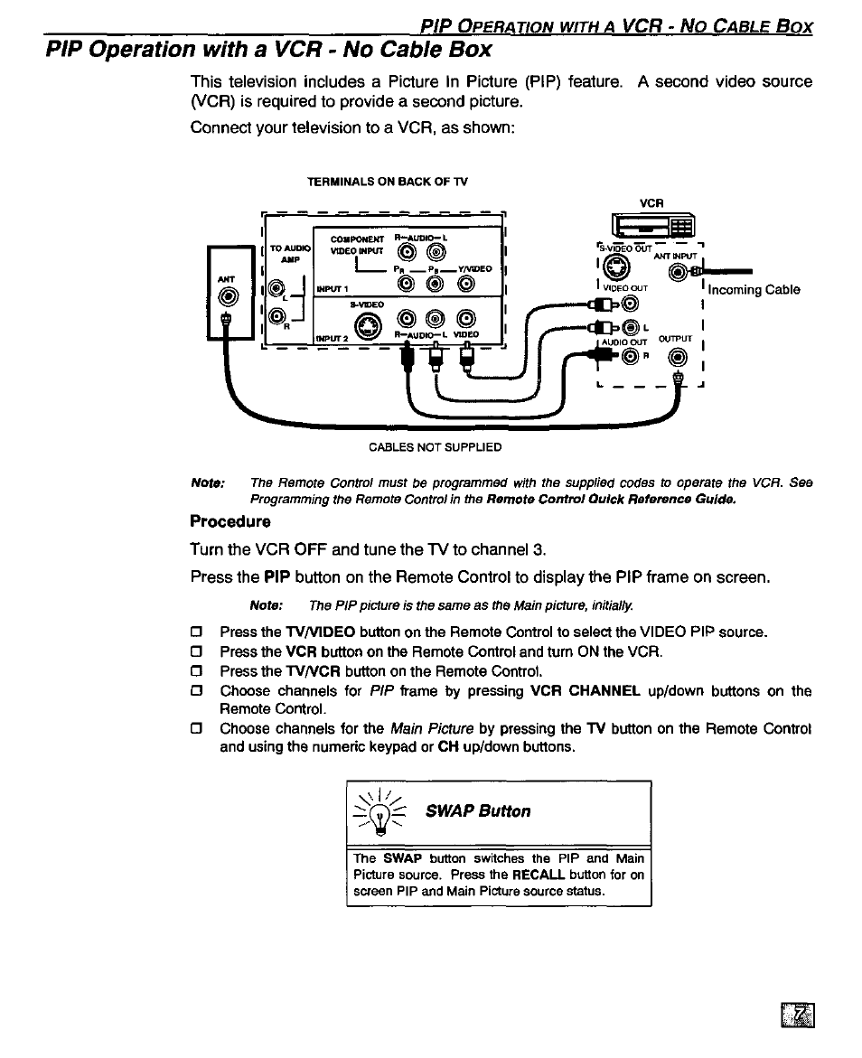 Pip operation with a vcr - no cable box, Pip o, No c | Panasonic CT-32D20U User Manual | Page 9 / 44