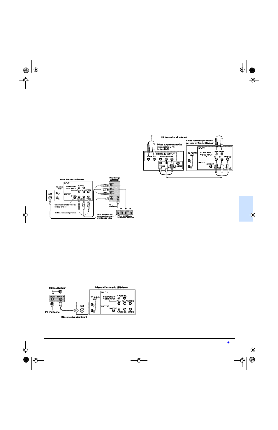 Branchement d'appareils auxiliaires, Branchement a un magnetoscope, Branchement a un cabloselecteur | Branchement d ’ appareils auxiliaires | Panasonic CT-20SL13 User Manual | Page 47 / 73