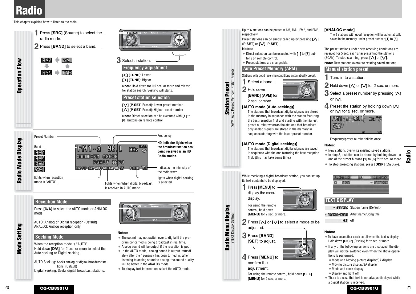 Each source, Radio | Panasonic CQ-CB8901U User Manual | Page 11 / 28