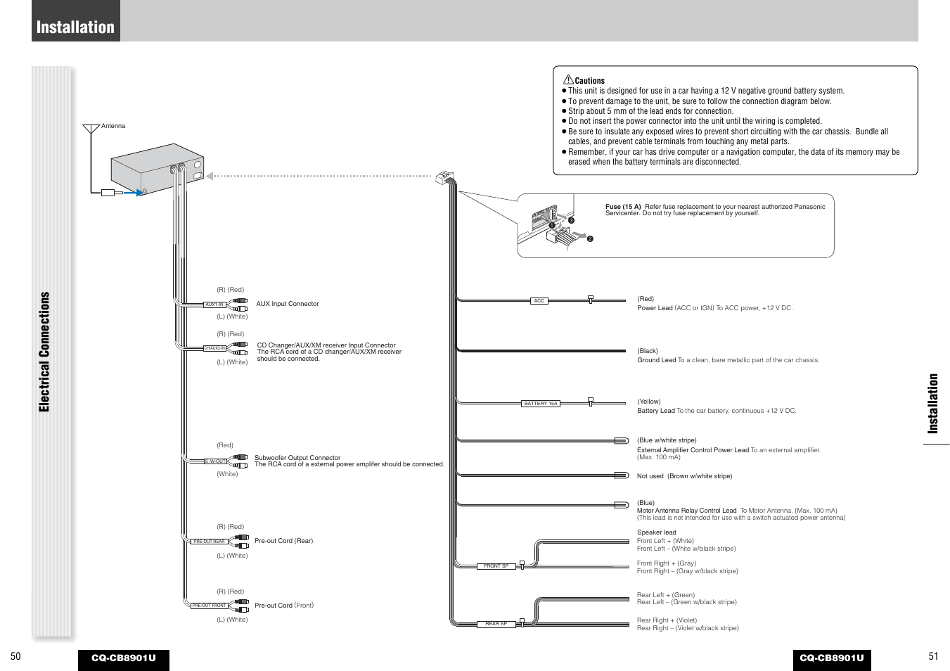 Installation, Electrical connections | Panasonic CQ-CB8901U User Manual | Page 26 / 28