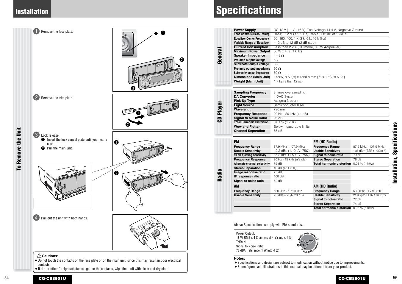 Specifications, Installation, Installation, specifications | General, Cd player radio | Panasonic CQ-CB8901U User Manual | Page 28 / 28