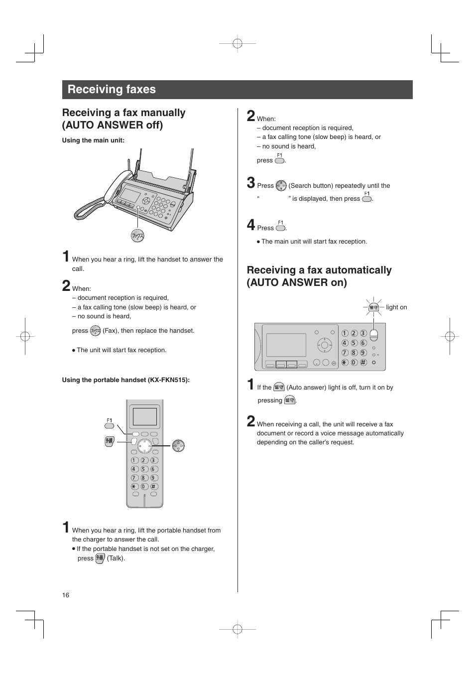 Receiving faxes, Receiving a fax manually (auto answer off), Receiving a fax automatically (auto answer on) | Panasonic KX-PW507DW User Manual | Page 16 / 20