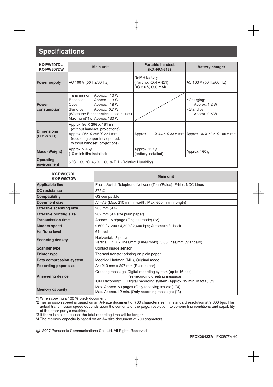 Specifications | Panasonic KX-PW507DW User Manual | Page 20 / 20