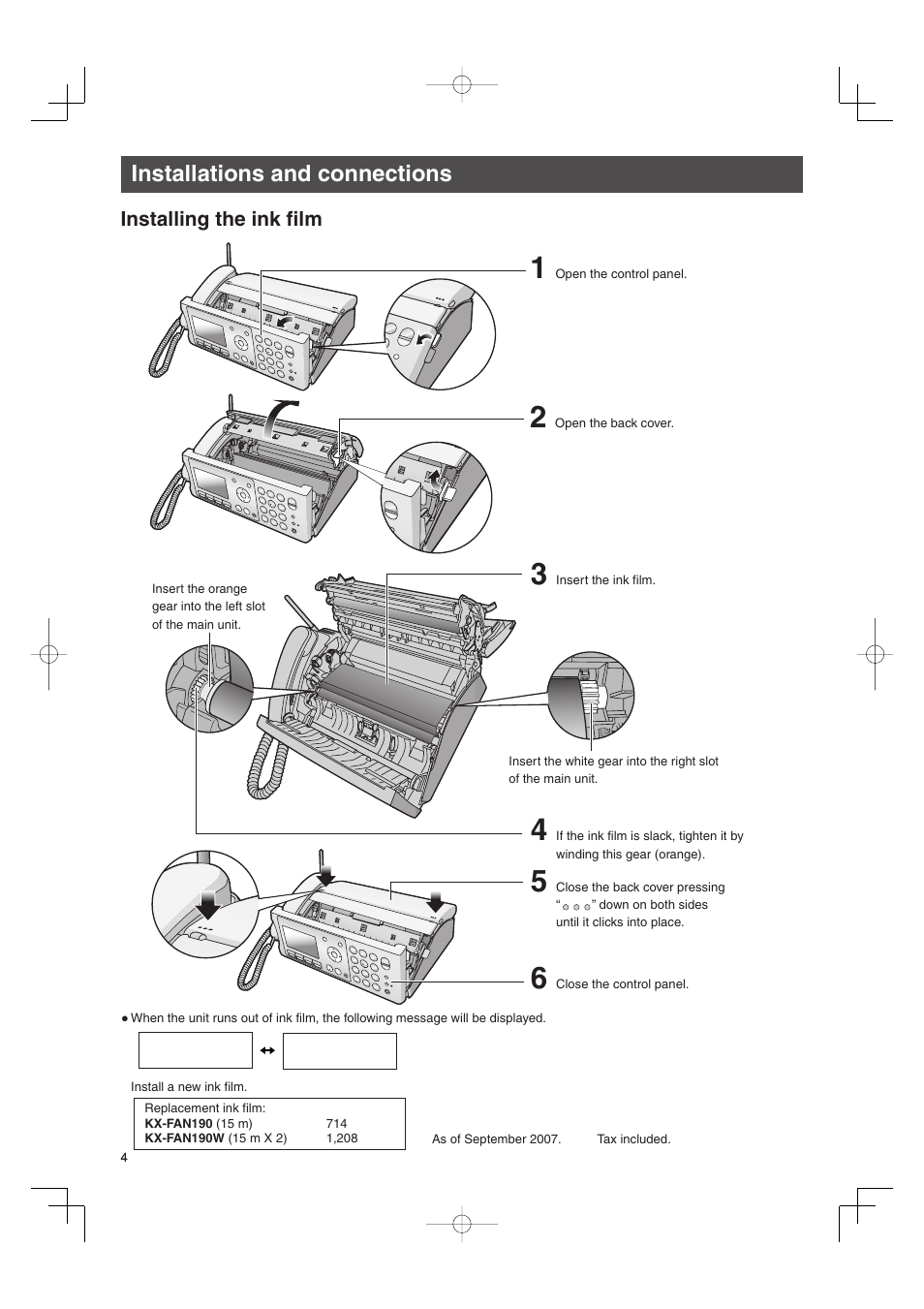 Installations and connections, Installing the ink film | Panasonic KX-PW507DW User Manual | Page 4 / 20