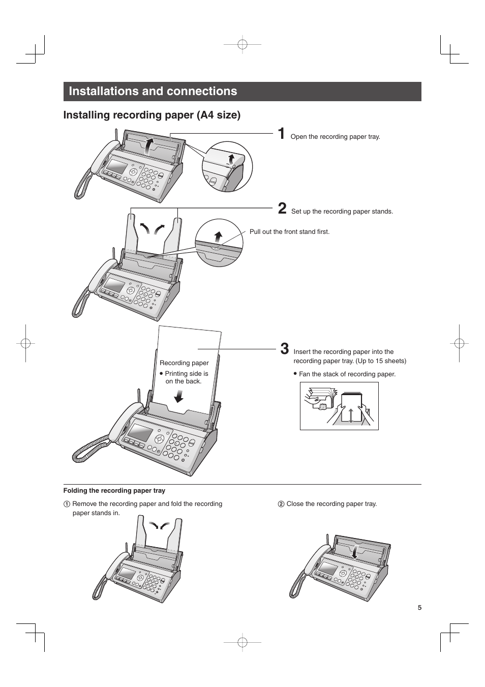 Installations and connections, Installing recording paper (a4 size) | Panasonic KX-PW507DW User Manual | Page 5 / 20