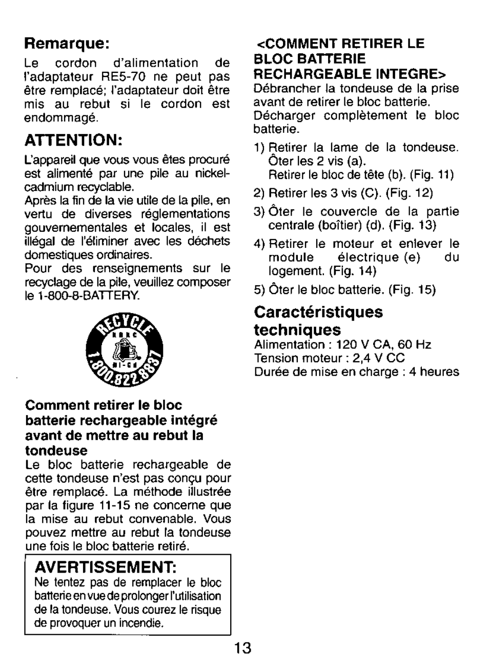 Remarque, Attention, Avertissement | Caractéristiques techniques | Panasonic ER147 User Manual | Page 13 / 20