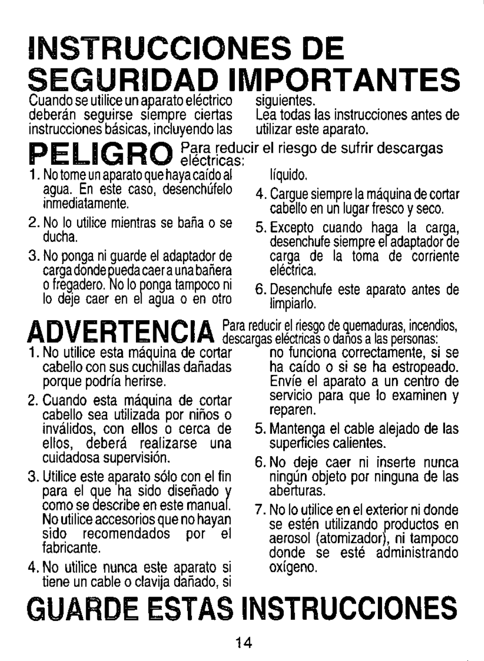 Instrucciones de seguridad importantes, Peligro, Guárde estas instrucciones | Panasonic ER147 User Manual | Page 14 / 20