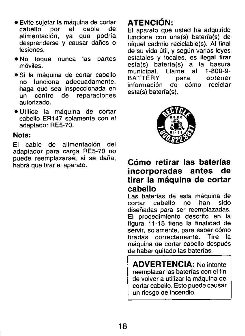 Atención, Advertencia | Panasonic ER147 User Manual | Page 18 / 20