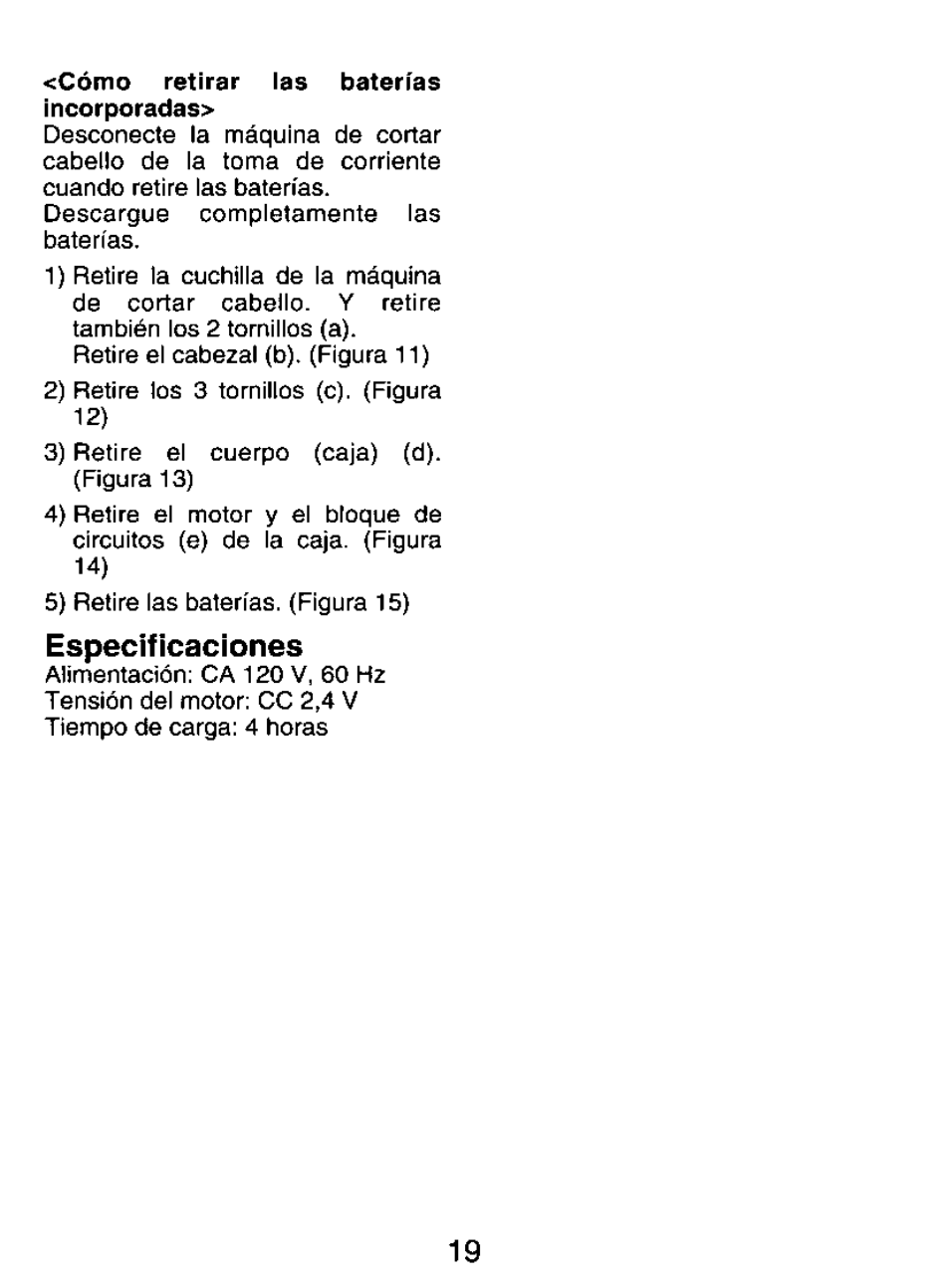 Especificaciones | Panasonic ER147 User Manual | Page 19 / 20
