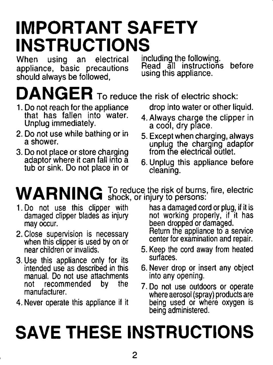 Important safety instructions, Danger, Save these instructions | Panasonic ER147 User Manual | Page 2 / 20