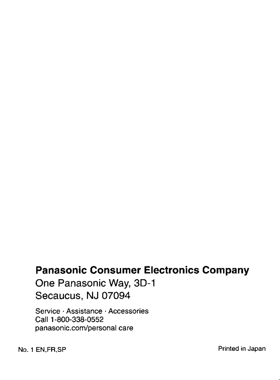 Panasonic consumer electronics company | Panasonic ER147 User Manual | Page 20 / 20