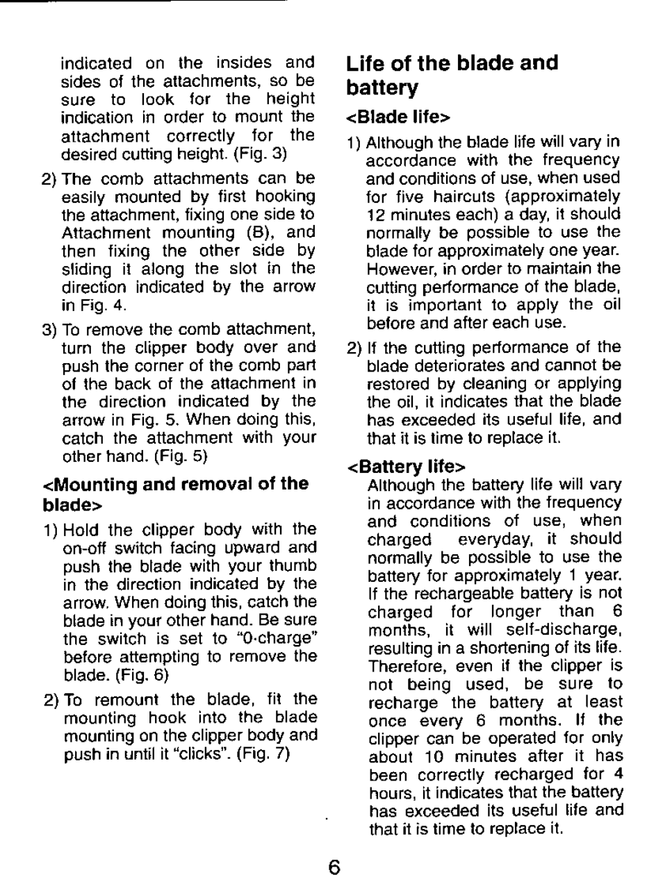 Life of the blade and battery, Mounting and removal of the blade, Blade life | Battery life | Panasonic ER147 User Manual | Page 6 / 20