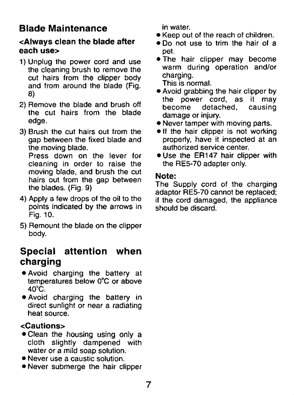 Blade maintenance, Special attention when charging, Always clean the blade after each use | Panasonic ER147 User Manual | Page 7 / 20