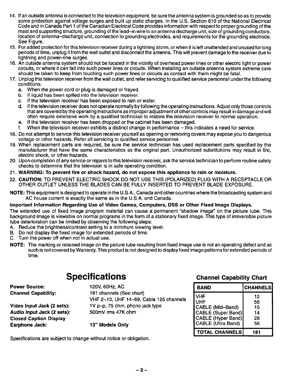 Specifications, Channel capability chart | Panasonic CT-13R17 User Manual | Page 3 / 20