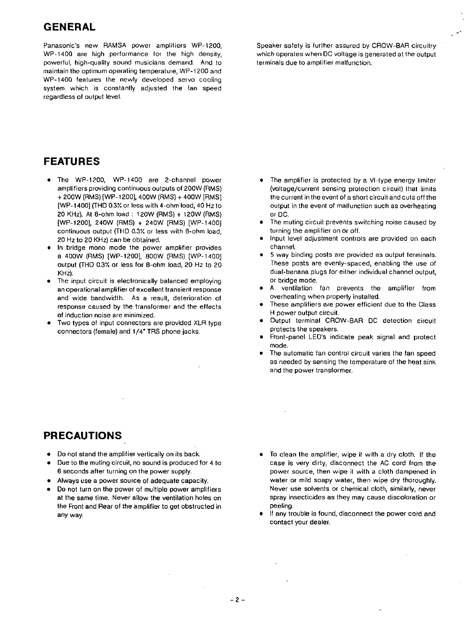 General, Features, Precautions | General features | Panasonic RAMSA WP-1400 User Manual | Page 3 / 12