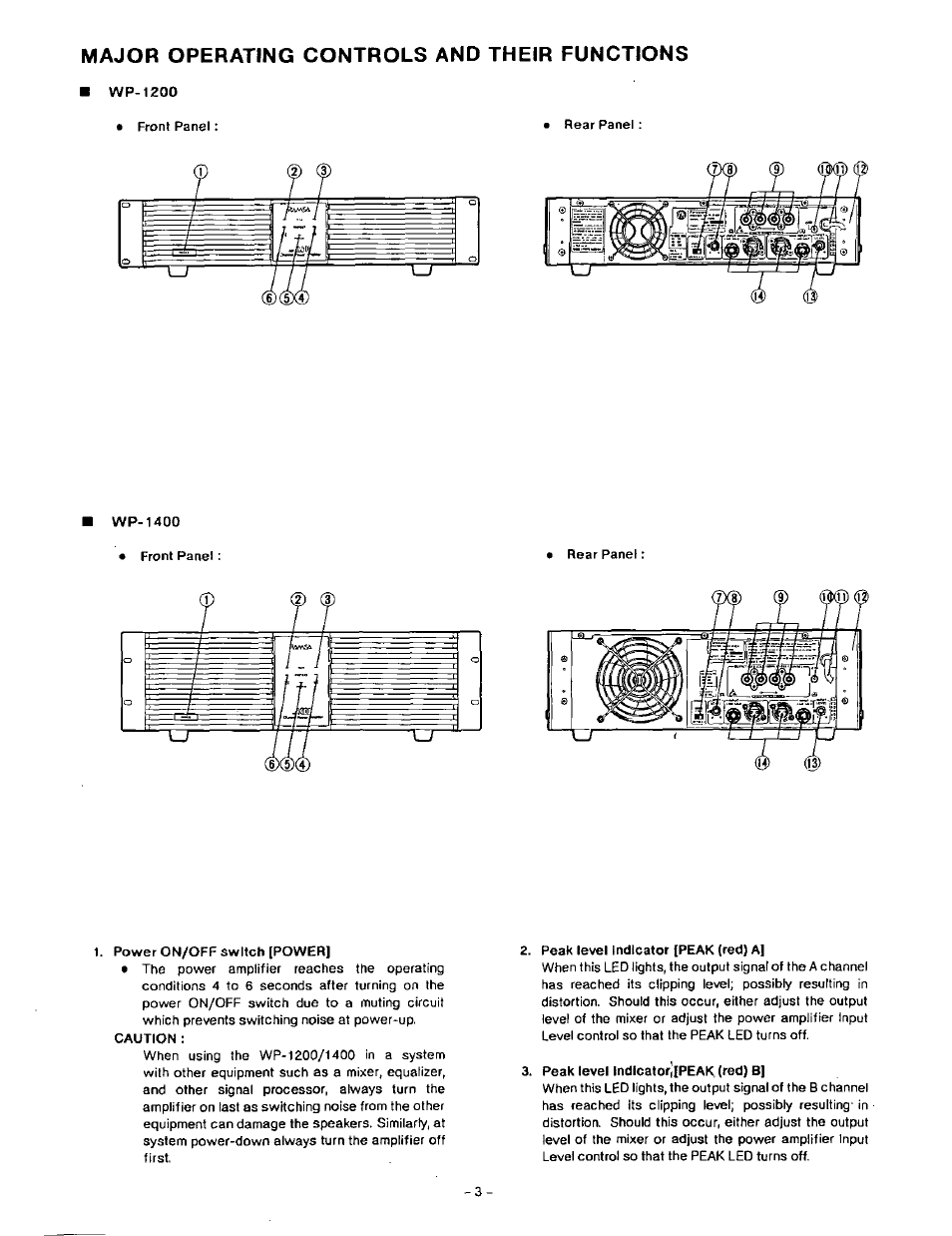 Major operating controls and their functions | Panasonic RAMSA WP-1400 User Manual | Page 4 / 12