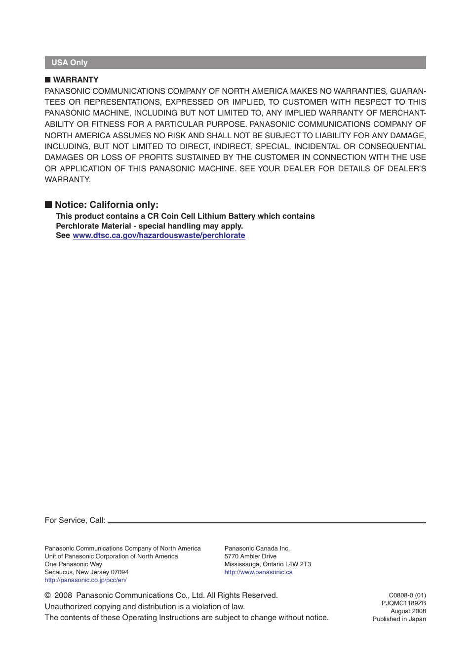 Notice: california only | Panasonic DP-8032 User Manual | Page 104 / 104