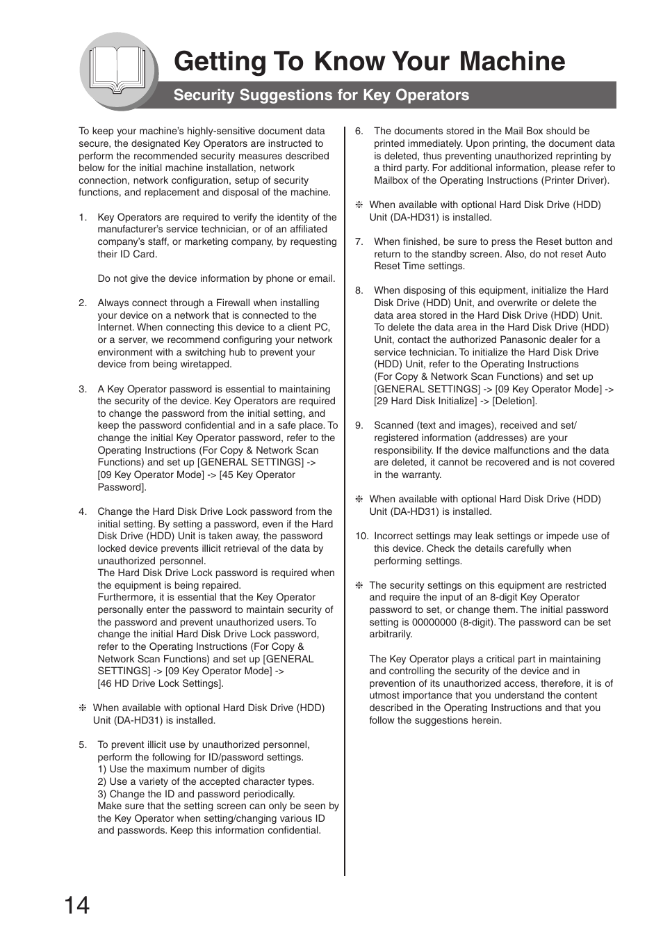 Security suggestions for key operators, Getting to know your machine | Panasonic DP-8032 User Manual | Page 14 / 104
