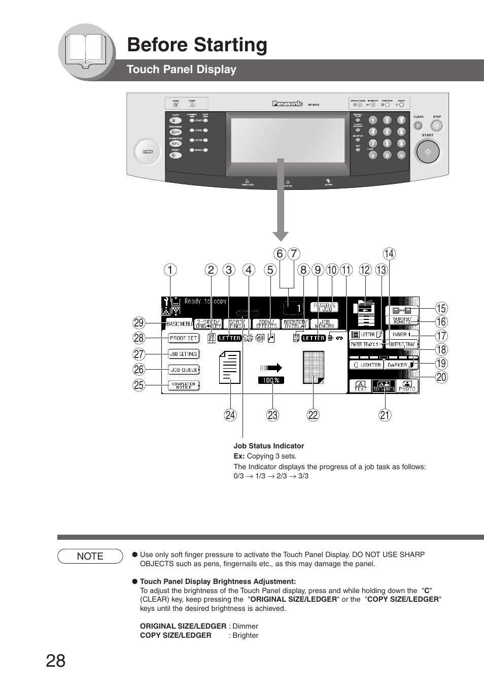 Touch panel display, Before starting | Panasonic DP-8032 User Manual | Page 28 / 104