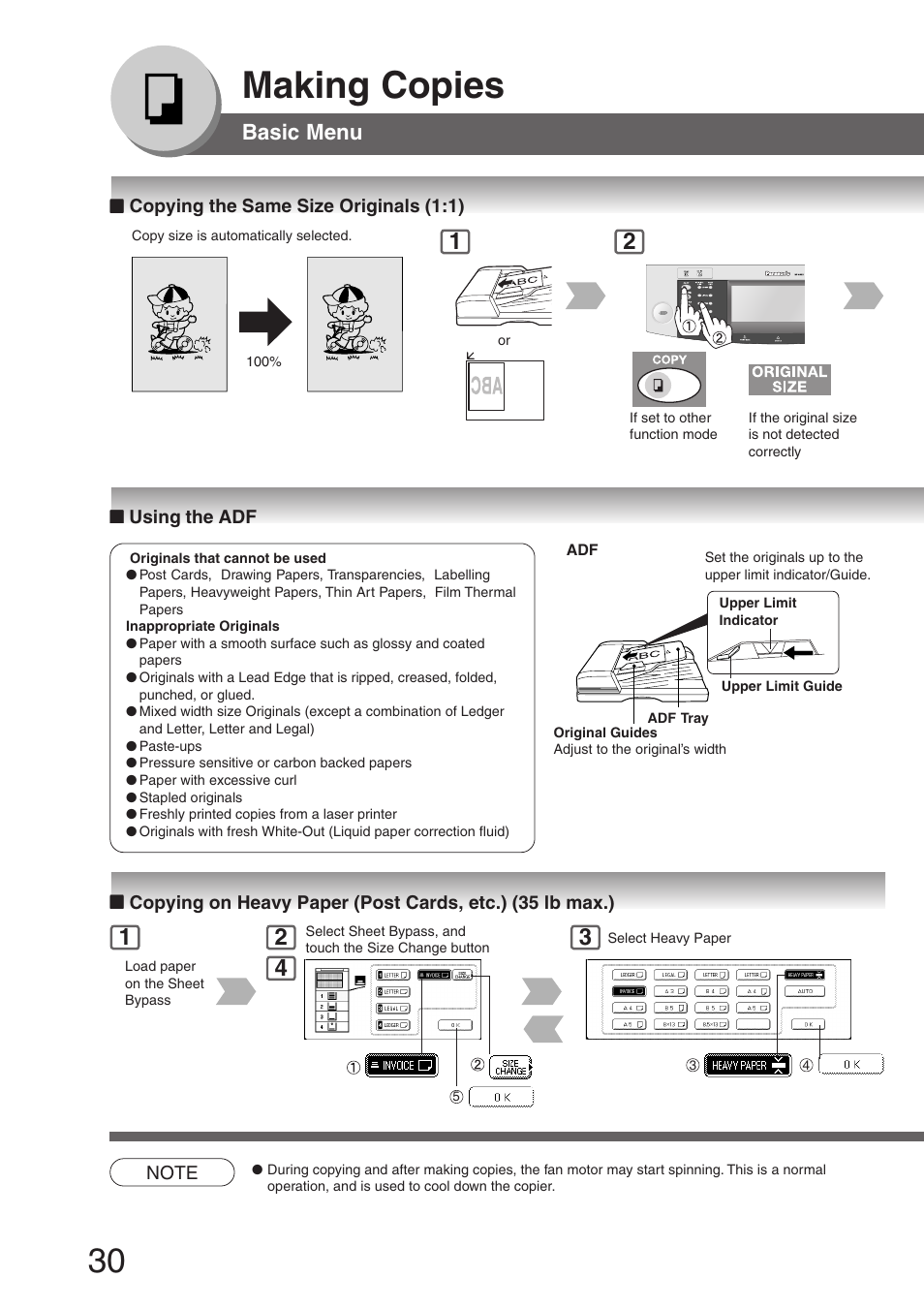 Making copies, Basic menu, Copying the same size originals (1:1) | Using the adf | Panasonic DP-8032 User Manual | Page 30 / 104