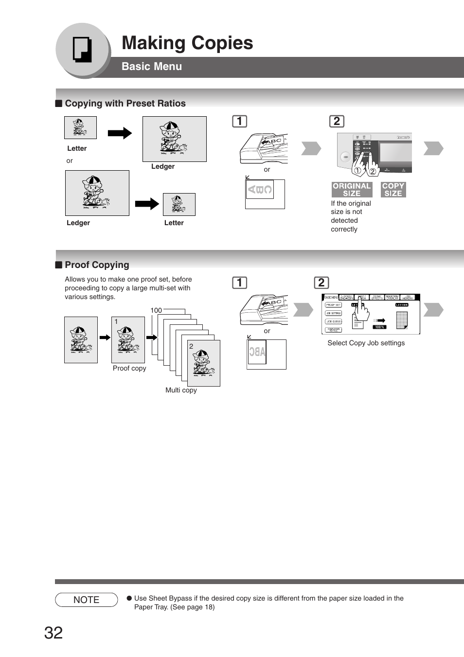 Copying with preset ratios, Proof copying, Copying with preset ratios ■ proof copying | Making copies, Basic menu | Panasonic DP-8032 User Manual | Page 32 / 104