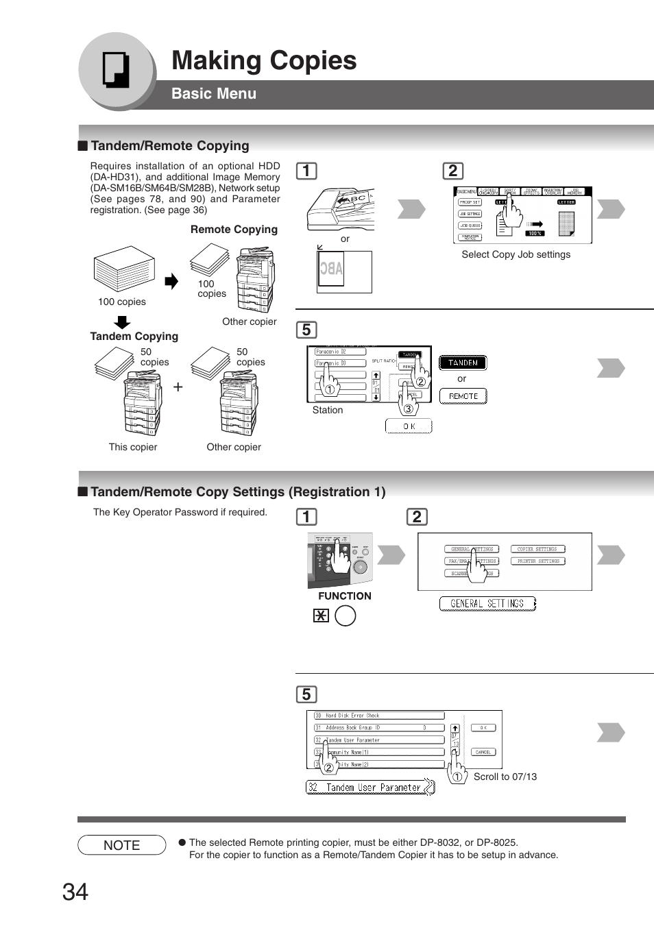 Tandem/remote copying, Tandem/remote copy settings (registration 1), Making copies | Panasonic DP-8032 User Manual | Page 34 / 104