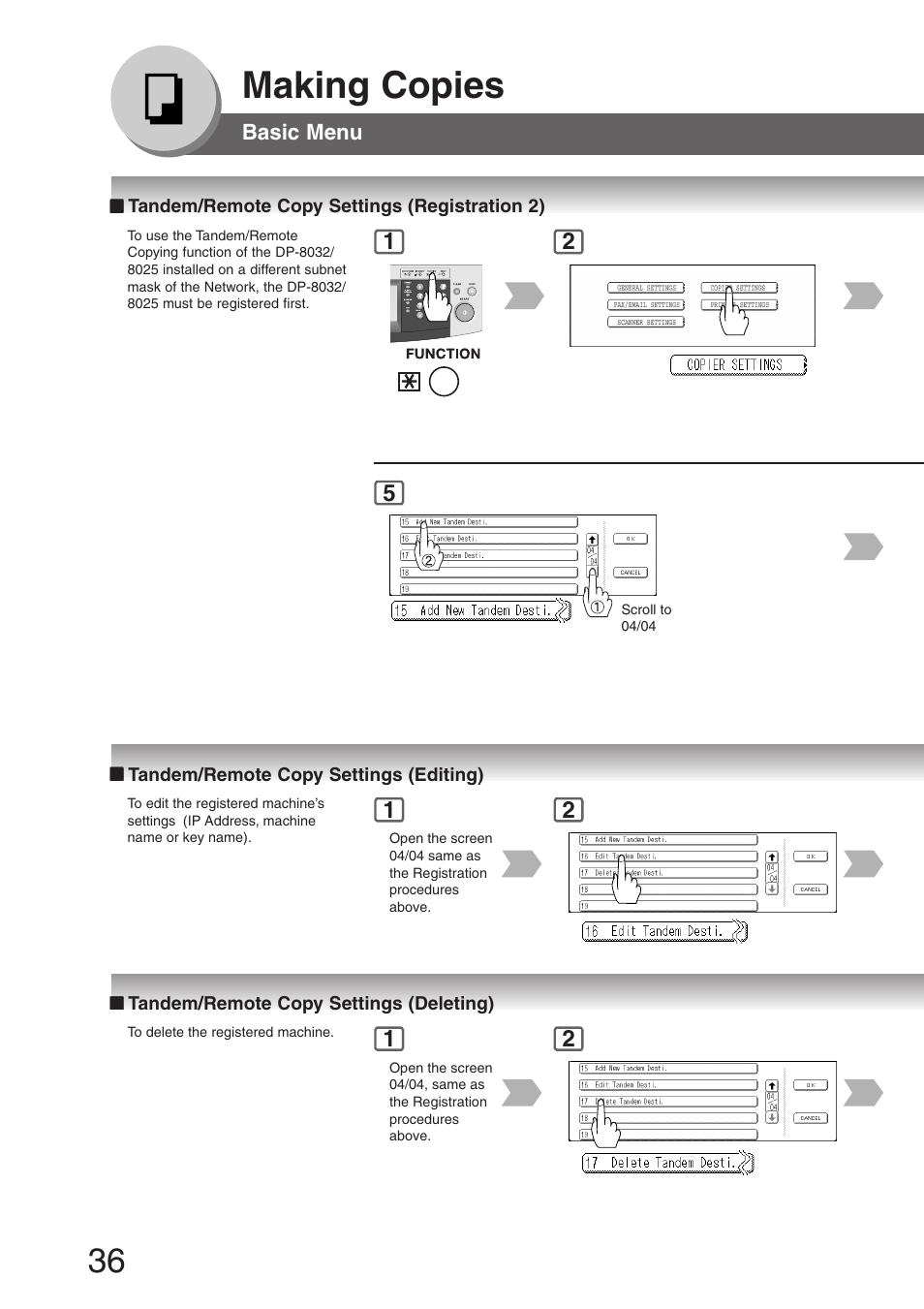 Tandem/remote copy settings (registration 2), Tandem/remote copy settings (editing), Tandem/remote copy settings (deleting) | Making copies | Panasonic DP-8032 User Manual | Page 36 / 104