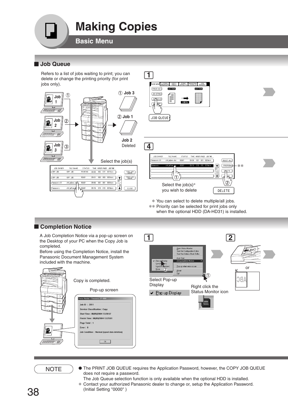 Job queue, Completion notice, Job queue ■ completion notice | Making copies, Basic menu | Panasonic DP-8032 User Manual | Page 38 / 104